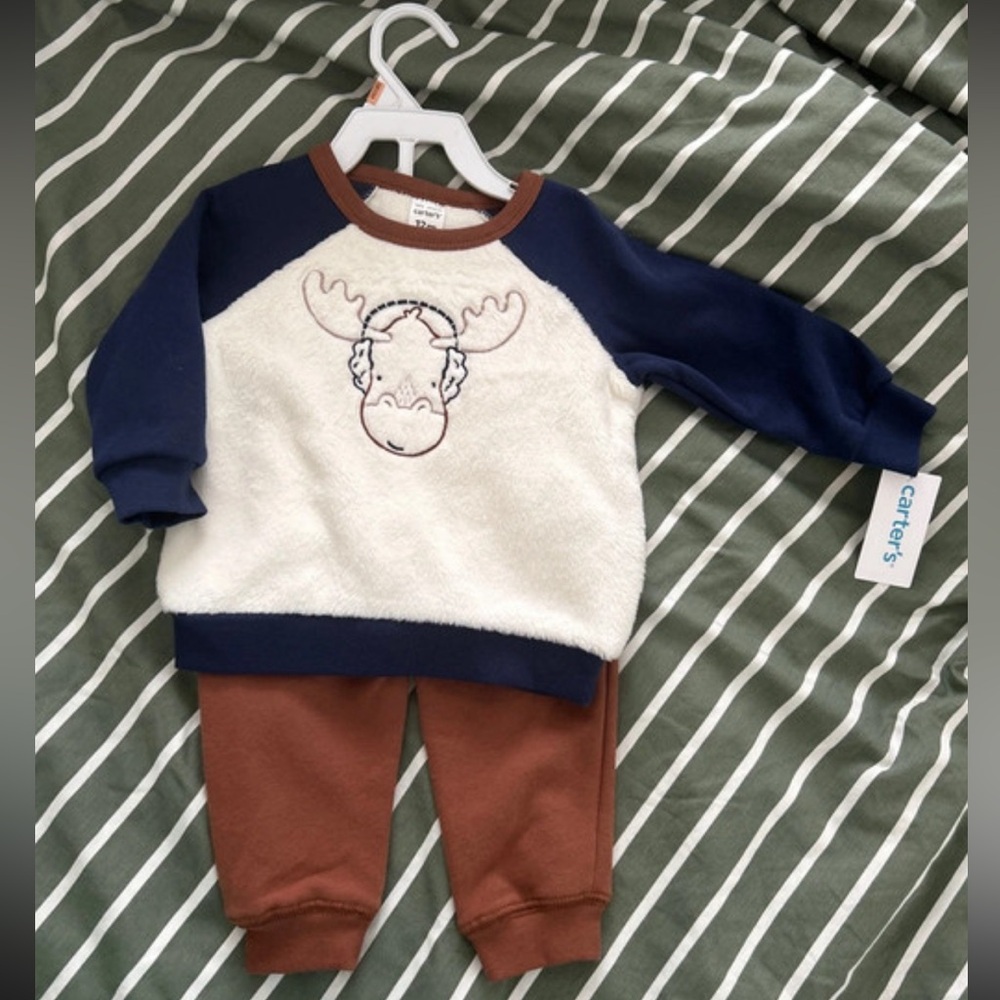 12M Soft Fleecy Moose Set | Brown Pants | Cream & Navy Shirt | NWT